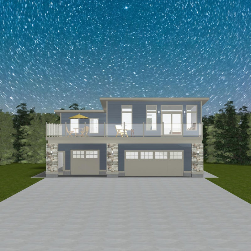 2 storey house over garage with flat shed roof, medium blue siding and grey trim. Second floor has multiple large windows, deck that extends the width of house with a glass railing. The ground floor garage has a double and single overhead doors. 
