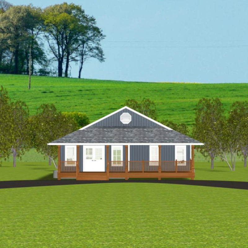 Bungalow with grey vertical siding, white trim, grey shingled gable roof, with octagon louver vent in end. Raised covered porch with wood columns, steps and railings. Four windows and double door entryway on front of house.