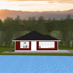 Small bungalow with red vertical siding, white trim, black shingled hip roof. Two large picture windows flank a single entry door with a sidelight. 