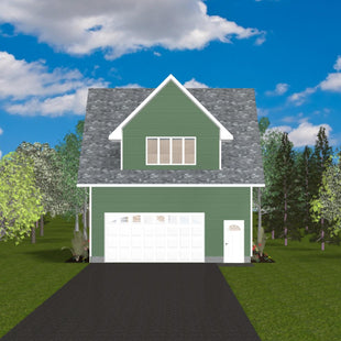 Two storey garage with green siding, white trim,  light grey gabled roof with large gabled dormer with a window. Double garage door and single door to the right. 