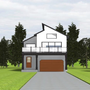 Two storey house with white and grey siding, skillion roofline, and black trim. Second floor deck with glass railings extends across width of house. Large windows and double garage door. 