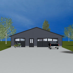 Large garage with dark grey siding and gable roof. One single garage door and one double garage door, with single entryway door in the middle. 