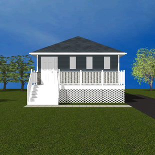 Raised Bungalow with dark teal siding, stone veneer and dark grey shingles. Front entry door with sidelight and three windows. Elevated porch with white picket rail and 6 wide steps with handrails down to grade. Lattice skirt on porch. 