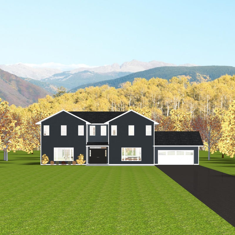 2 storey house with Dark grey siding, white trim and black shingled roof. Main floor has two large picture windows that flank a double door entryway. Second floor shows 8 evenly spaced tall windows. 1 storey attached garage with white double door. 