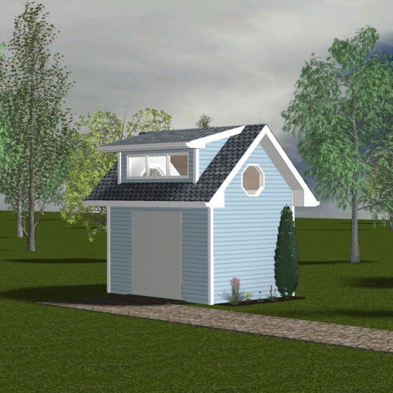Shed with pale blue siding, white trim, dark grey gabled roof with wide dormered window. Double entry door and small octagonal windows in gable ends. 