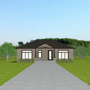Bungalow with natural stone veneer siding, dark brown hip roof, front entryway with gable roofline. Large picture windows flank a single door entryway and concrete step.