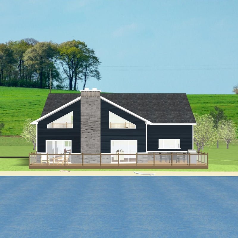 Two storey house with dark blue siding, grey roof, large trapezoid windows in gable. Large stone chimney, two sets of sliding patio doors leading to large deck with glass railings. 
