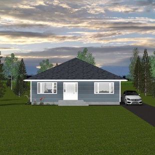 Bungalow with medium blue siding, white trim and dark grey shingled hip roof. Two large picture windows and entryway with two sidelights. Concrete front steps. 