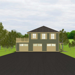 2 storey house over garage with olive green siding, tan trim, dark grey hip roof. Three windows with tan shutters on second floor, 3 tan overhead doors on main level. Roof of attached garage has deck with railings. 