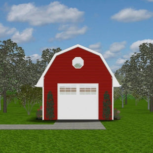 Shed with red siding, white trim and barn style roof. Single  overhead door and octagonal window in gable end. 