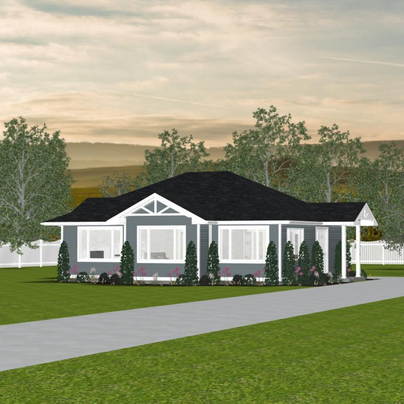 Bungalow with grey siding, white trim, black shingled hip roof with timbered gabled ends. Three large picture windows on the front, and a covered porch with an entryway door on the right side.