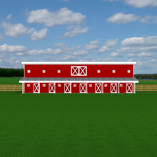 Two storey red barn with shed roof. Veranda with slim white columns extends length of barn. Seven stable doors on ground level and one double loft door on upper level. 