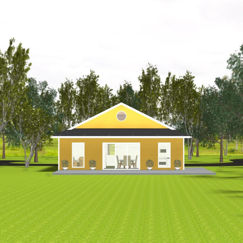 Small bungalow with yellow siding and black shingled dutch gable roof. Small circular ventilation grille in gable end. Two tall widows flank a three section sliding door that opens onto a concrete patio. 