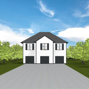 Two storey house with white siding, black trim and dark grey shingled hip roof with gabled center section. Three single garage doors on ground level and three large mullioned windows with black shutters on second floor. 