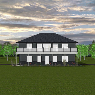 Two storey duplex with dark grey siding, stone veneer water table and dark grey hip roof.  Second floor deck with glass railings extends across width of house. Four windows and door on each level. 