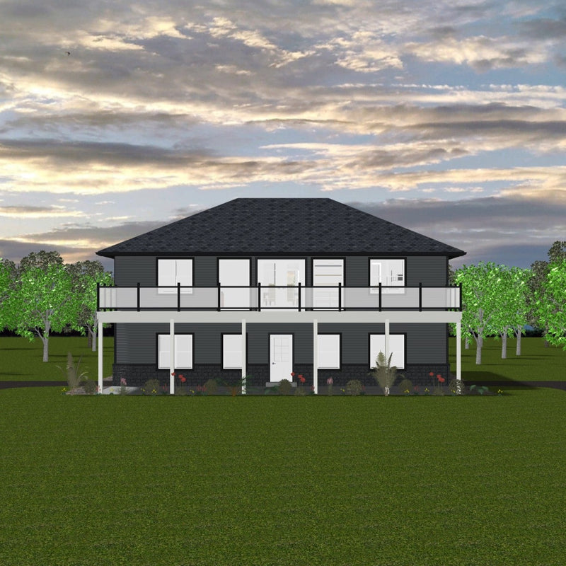 Two storey duplex with dark grey siding, stone veneer water table and dark grey hip roof.  Second floor deck with glass railings extends across width of house. Four windows and door on each level. 