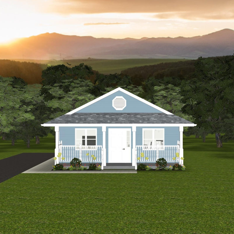 Small bungalow with light blue siding, grey shingled gable roof with covered porch the width of house, with four slim white columns and picket railing. Two windows flank a single door entryway with sidelight. 