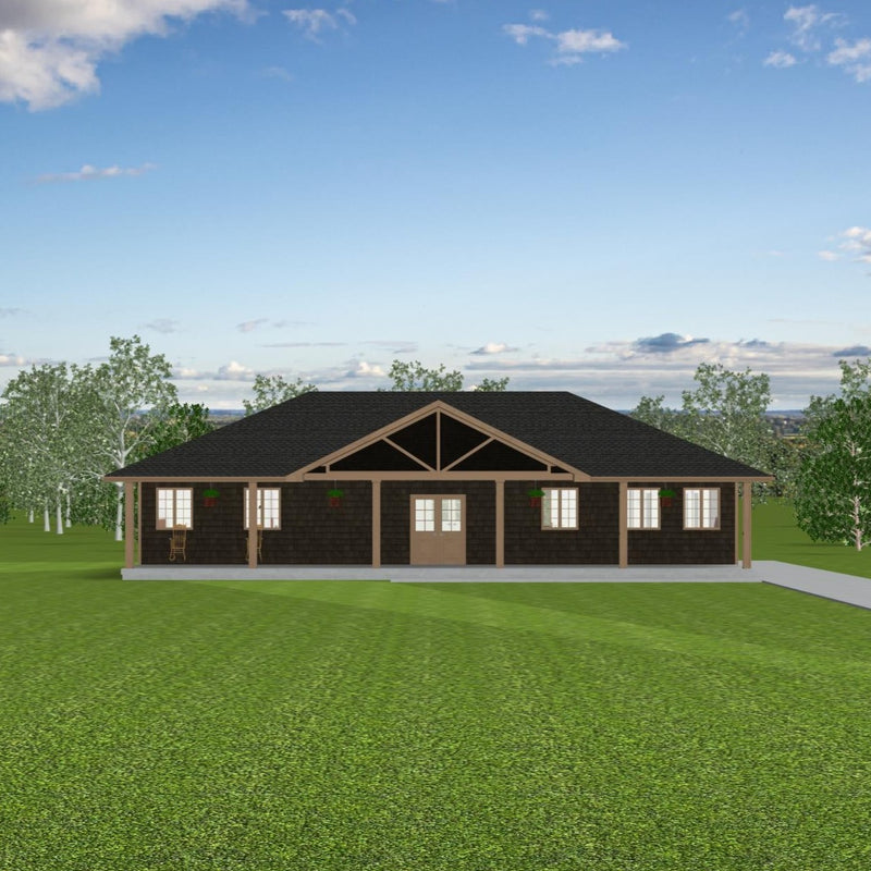 Single storey bungalow with dark brown siding, dark grey hip roof with timbered front gable. Covered veranda extends across width of house. Five windows and double entryway door. 
