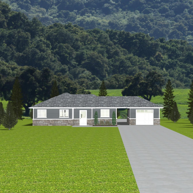 Bungalow with grey siding, white trim, natural stone water table, light grey shingled hip roof. Front of house has three large windows, single entryway door. Detached single car garage is connected to house with covered breezeway.