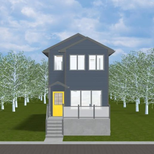 Narrow two storey house with medium grey siding, grey trim and yellow entry door. Large windows and elevated front deck with glass railing. 