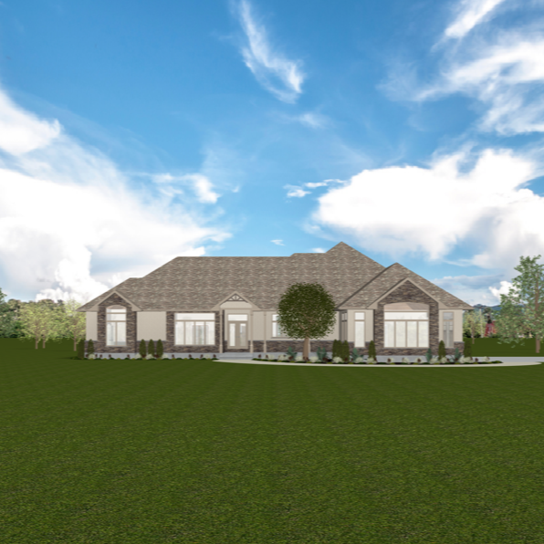 Single storey bungalow with tan siding and stone veneer accents. High brown shingled hip roof. Several large transomed windows and glass entryway door. 