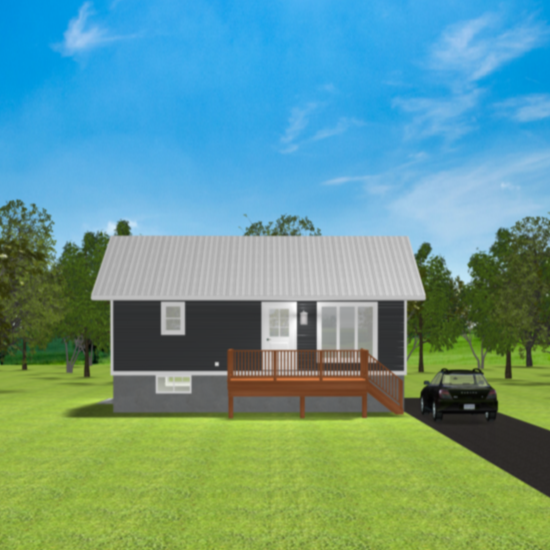 Raised bungalow with dark grey siding, white trim, light grey gabled roof. Two windows and single entry door. Front deck with wood balusters and stair with railing. 